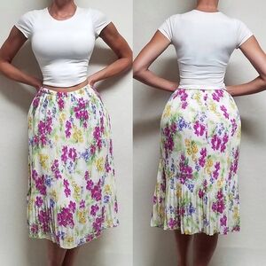 90s Vintage Moine Multi-color Painted Flowers Plisse Pleated Volup Midi Skirt 3X